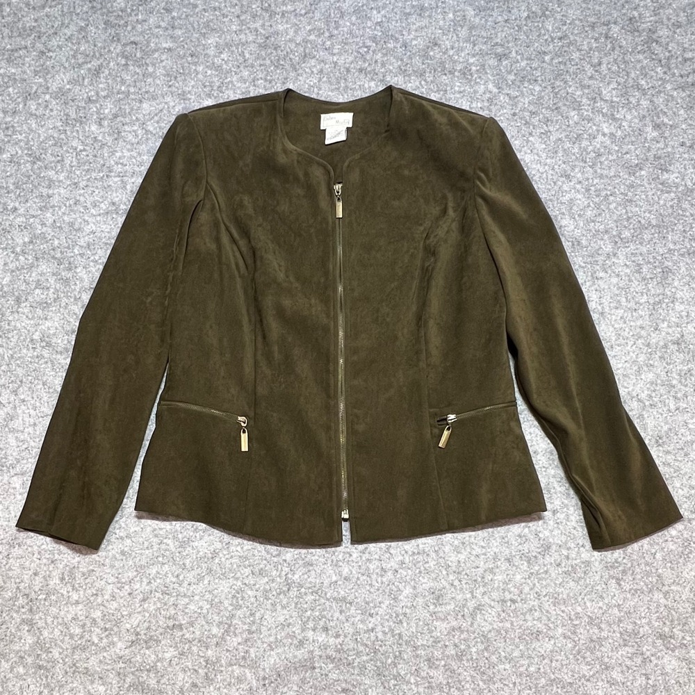 Debra Martin Olive Green Faux Suede Zip Front Jacket Womens Collarless Size‎ 14